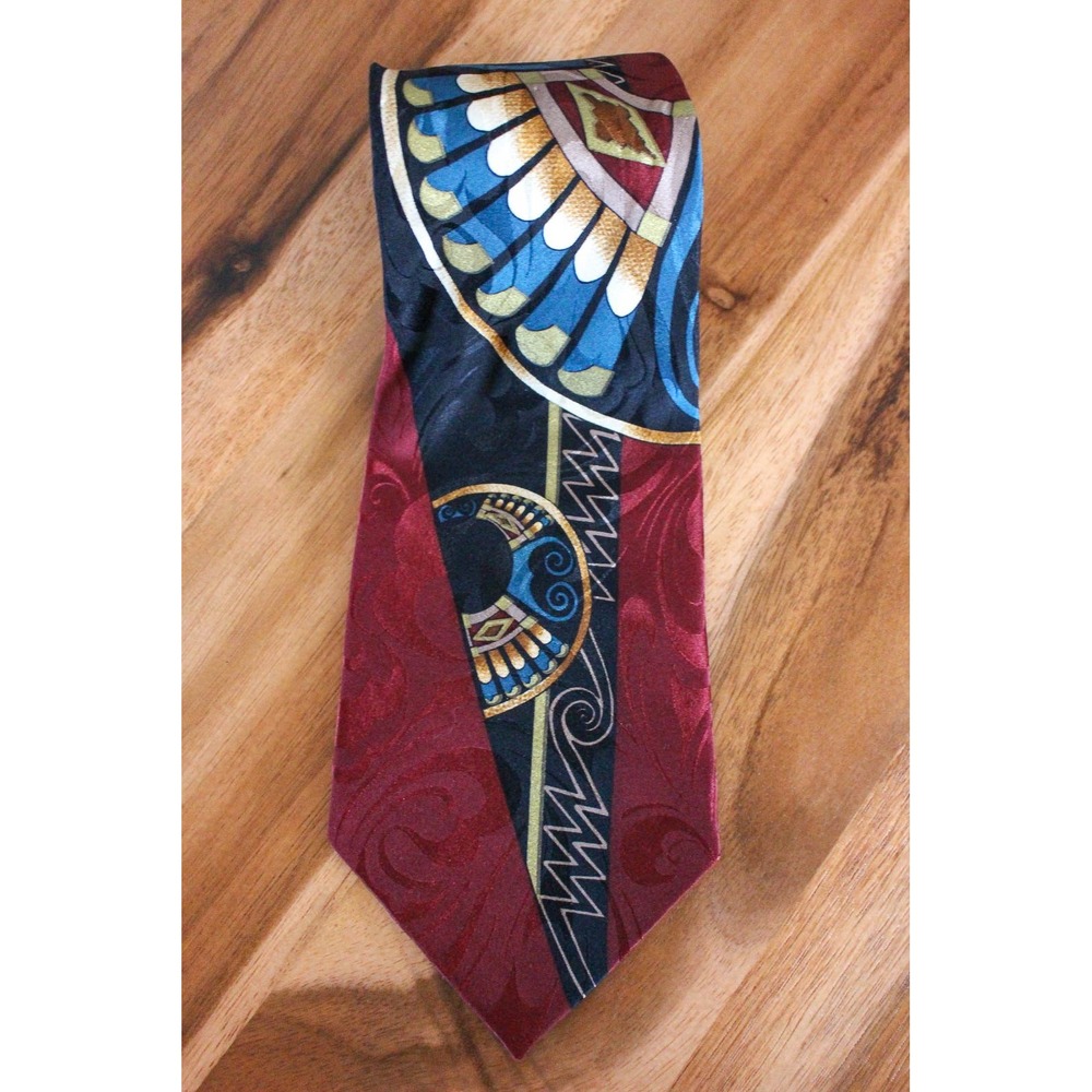 Albert Nipon Neck Tie Burgundy Blue Graphic Geometric Silk Jacquard 56"